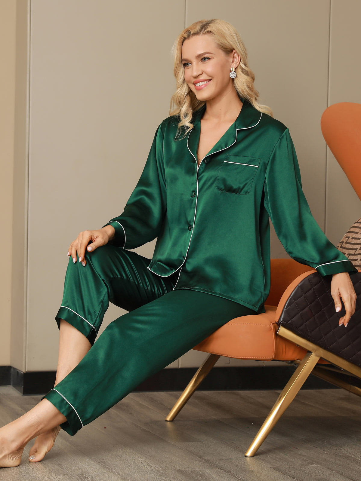 [Green] SilkSilky-UK Pure Silk Long Sleeve Lapel Women's Pyjamas 005