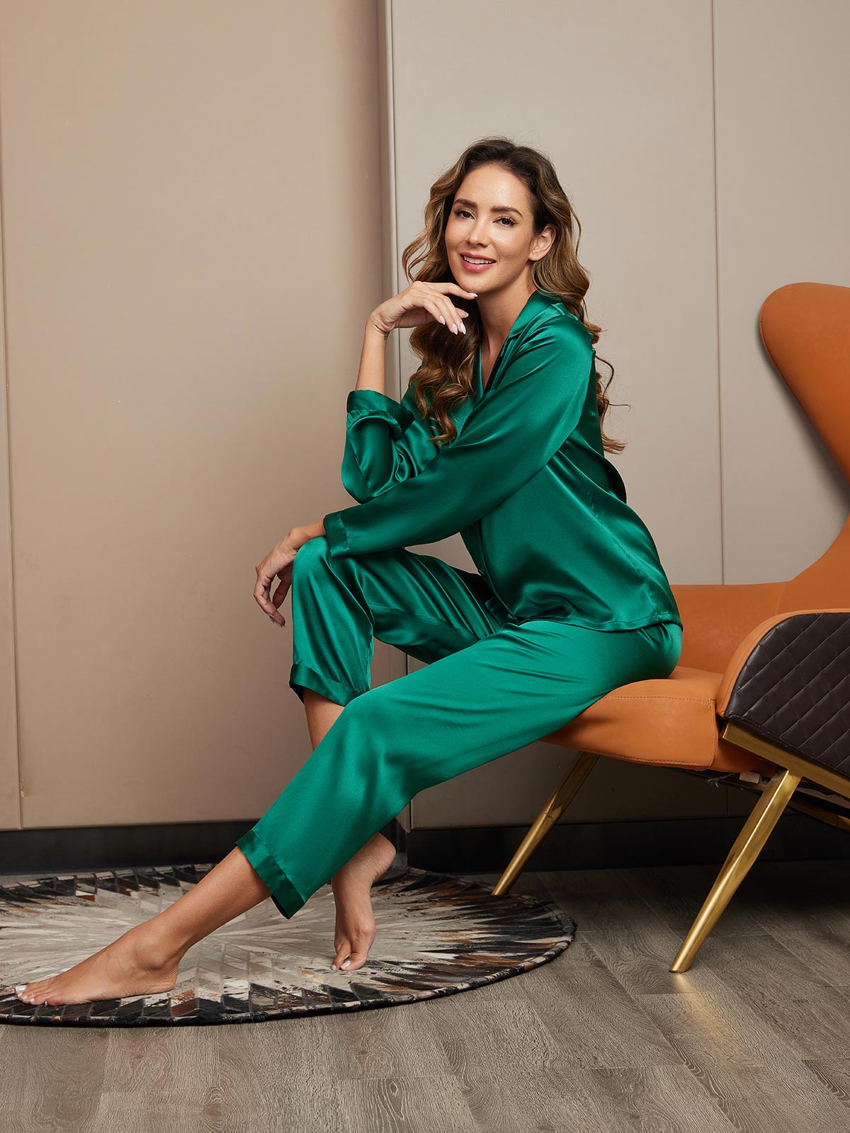 [Green] SilkSilky-UK Pure Silk Long Sleeve Lapel Women's Pyjamas 005