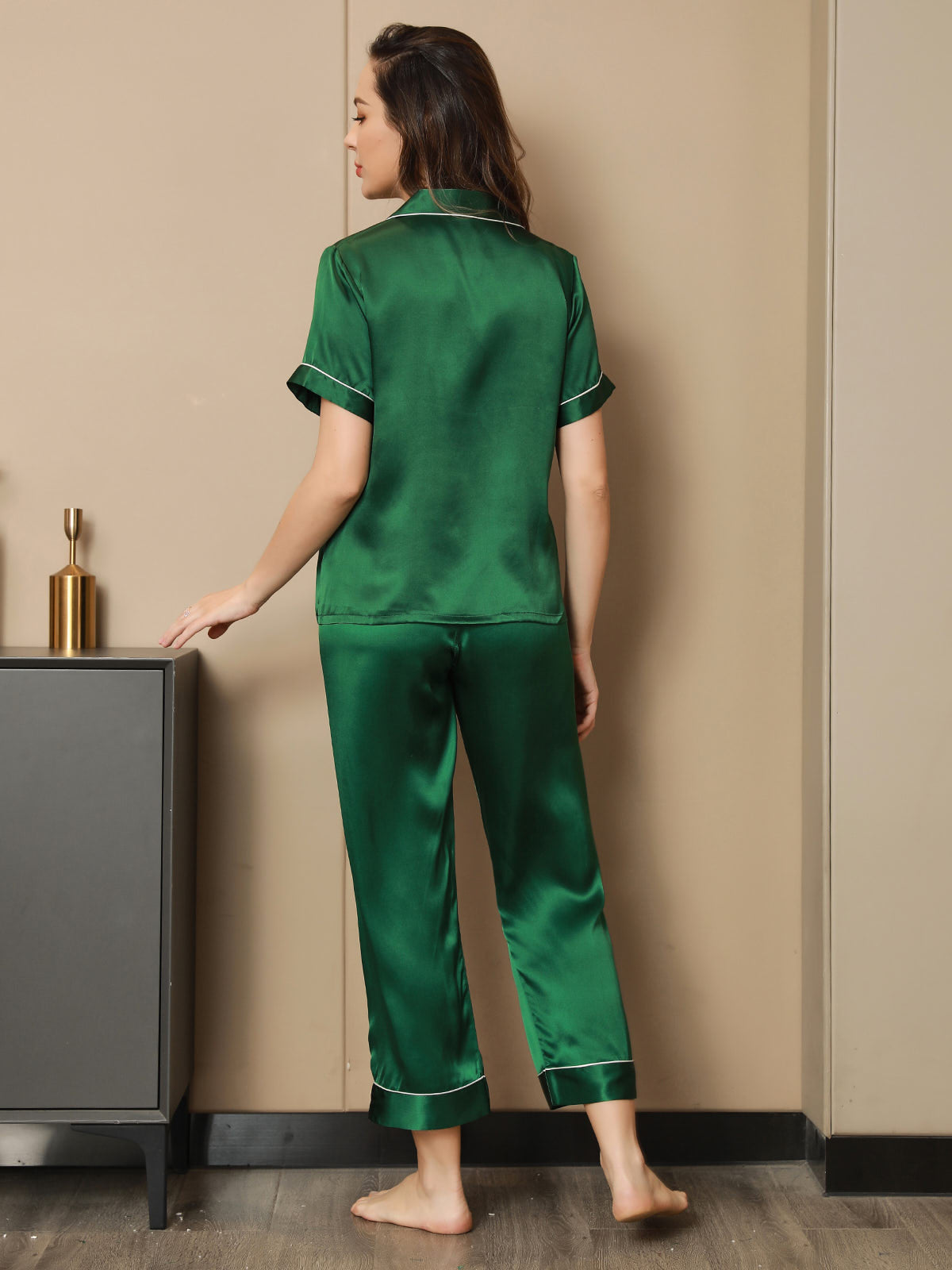 [Green] SilkSilky-UK Pure Silk Short Sleeve Lapel Women's Pyjamas 002