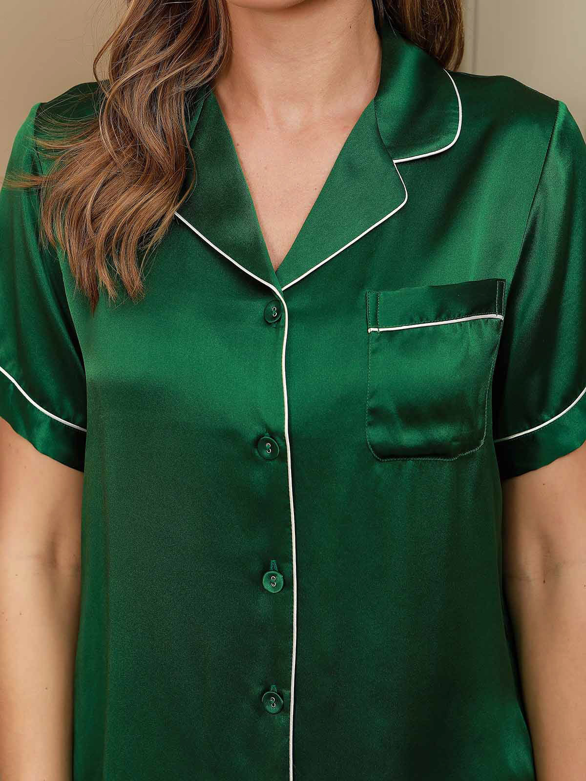 [Green] SilkSilky-UK Pure Silk Short Sleeve Lapel Women's Pyjamas 004