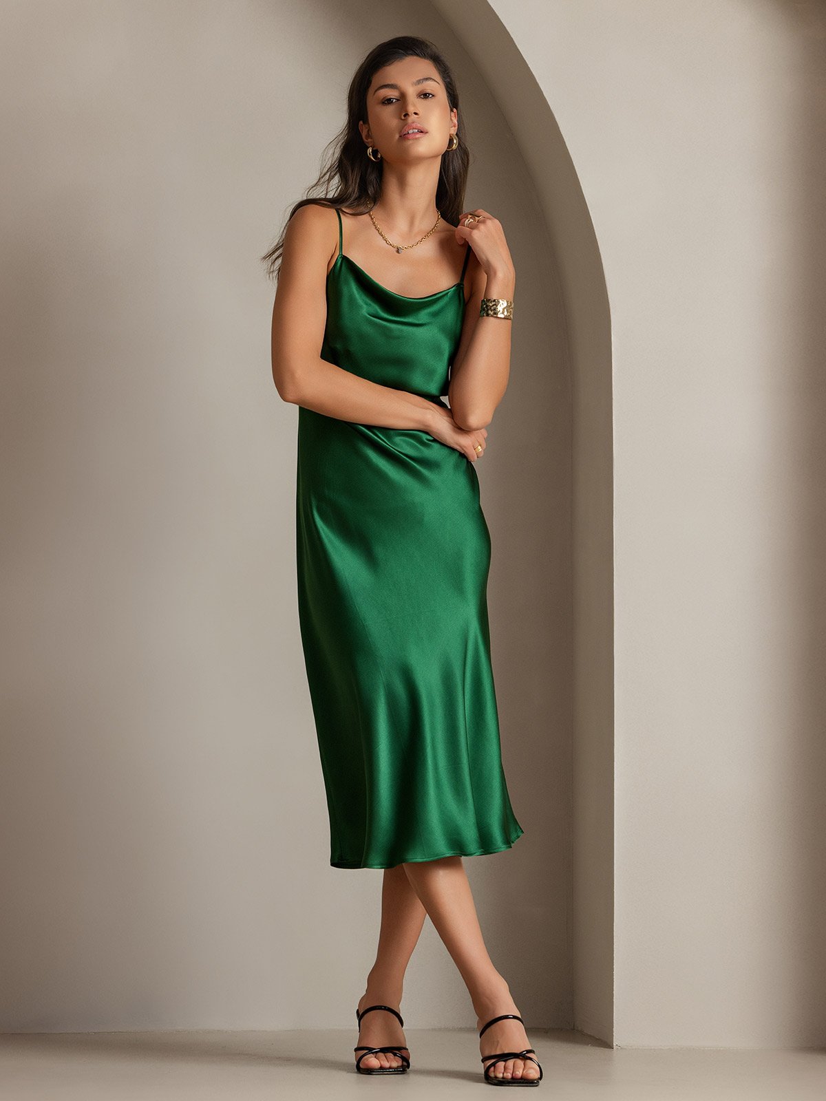 [Green] SilkSilky-UK Pure Silk Sleeveless Cowl Neck Dress 004
