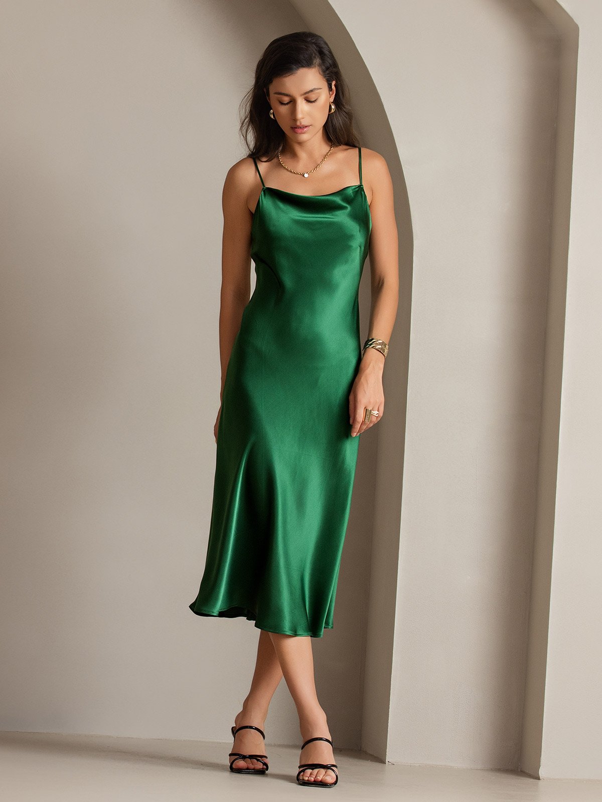 [Green] SilkSilky-UK Pure Silk Sleeveless Cowl Neck Dress 007