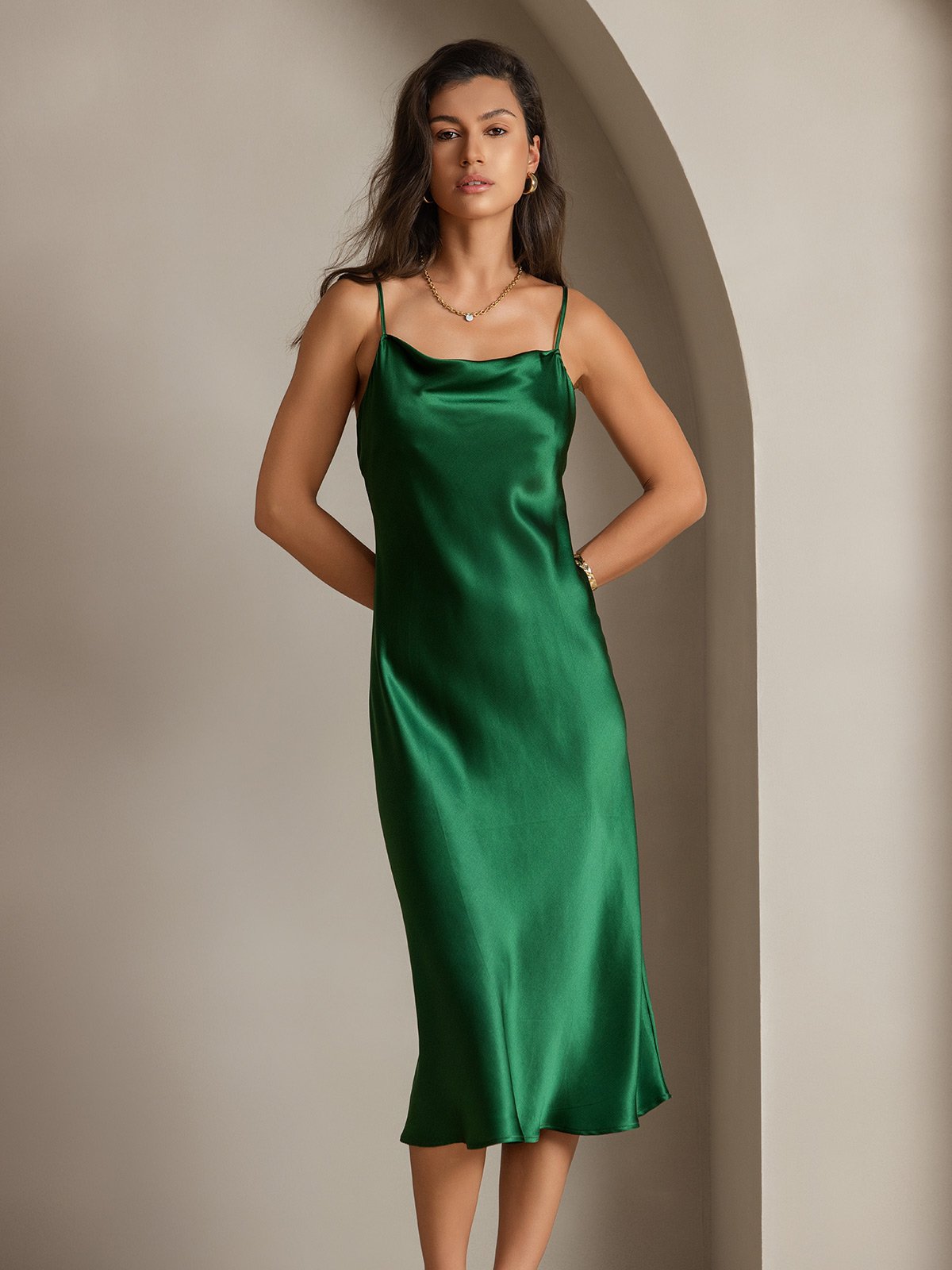 [Green] SilkSilky-UK Pure Silk Sleeveless Cowl Neck Dress 008