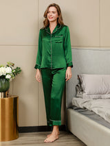 [Green] SilkSilky-UK Long Sleeve Lapel Collar Women's Pyjamas 004