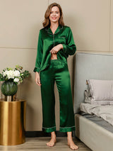 [Green] SilkSilky-UK Long Sleeve Lapel Collar Women's Pyjamas 005