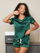 [Green] SilkSilky-UK Pure Silk Short Sleeve V Neck Women's Pyjamas 002
