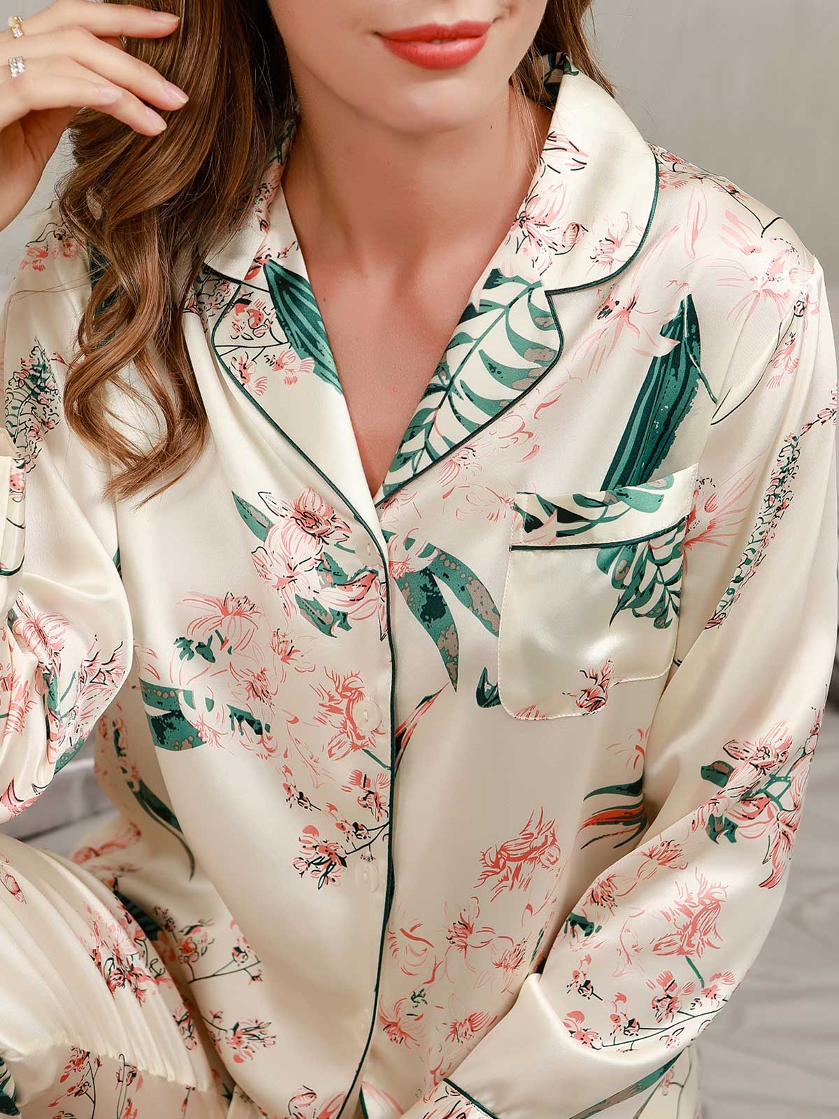 [Ivory] SilkSilky-UK Pure Silk Long Sleeve Lapel Women's Pyjamas 007