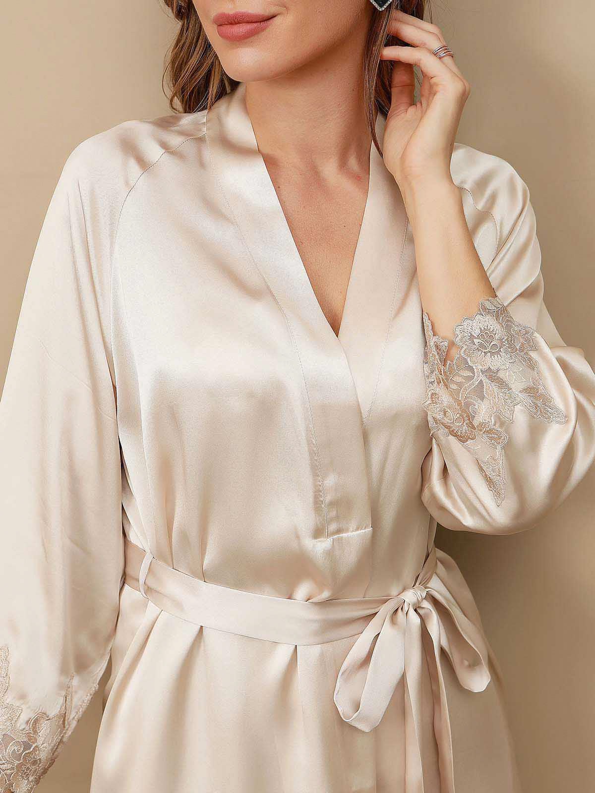 [Ivory] SilkSilky-UK Pure Silk 3/4 Sleeve V Neck Nightdress&Dressing gowns 009