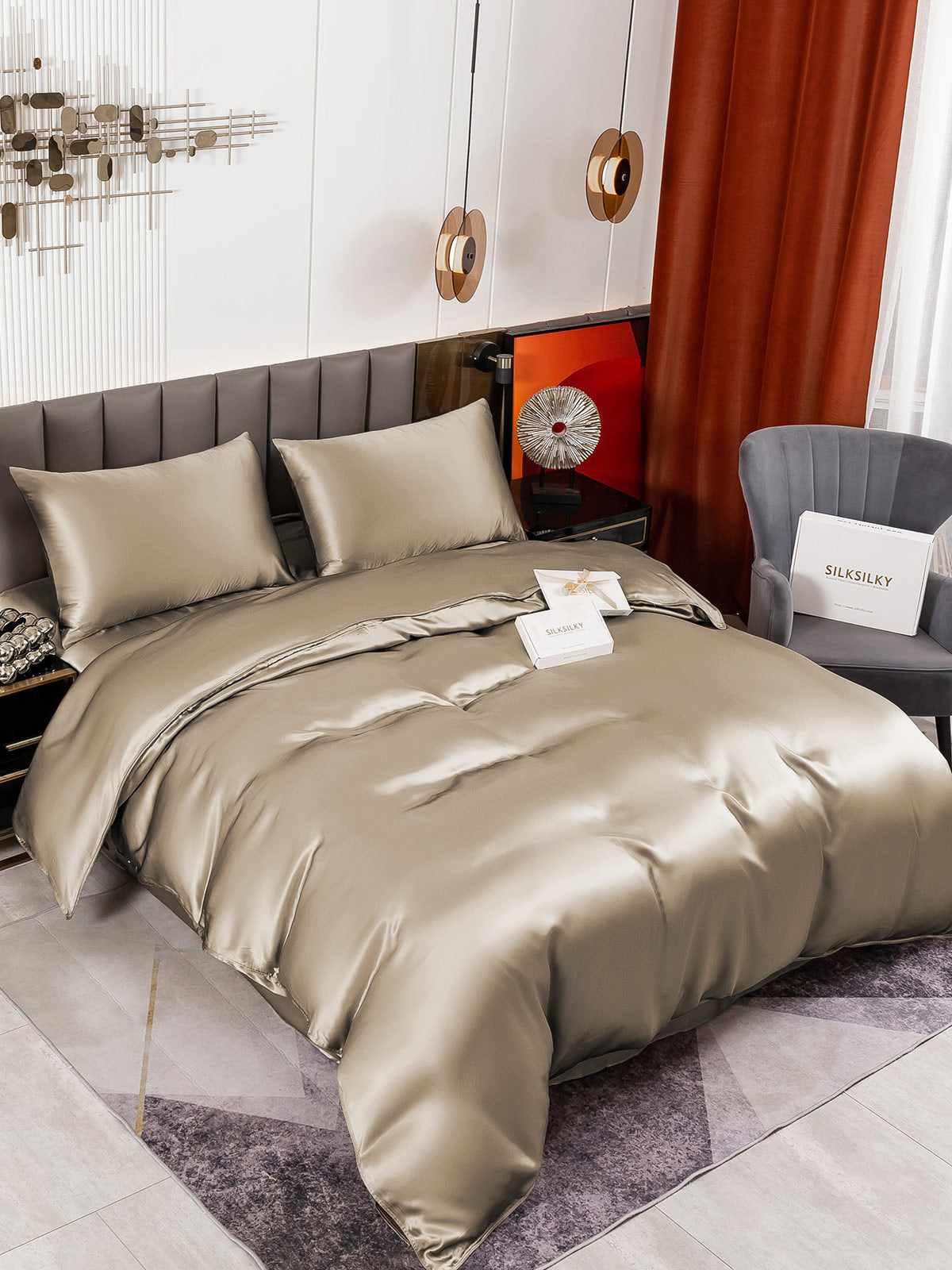 [Khaki] SilkSilky-UK 19Momme Pure Silk Bedding Set 001