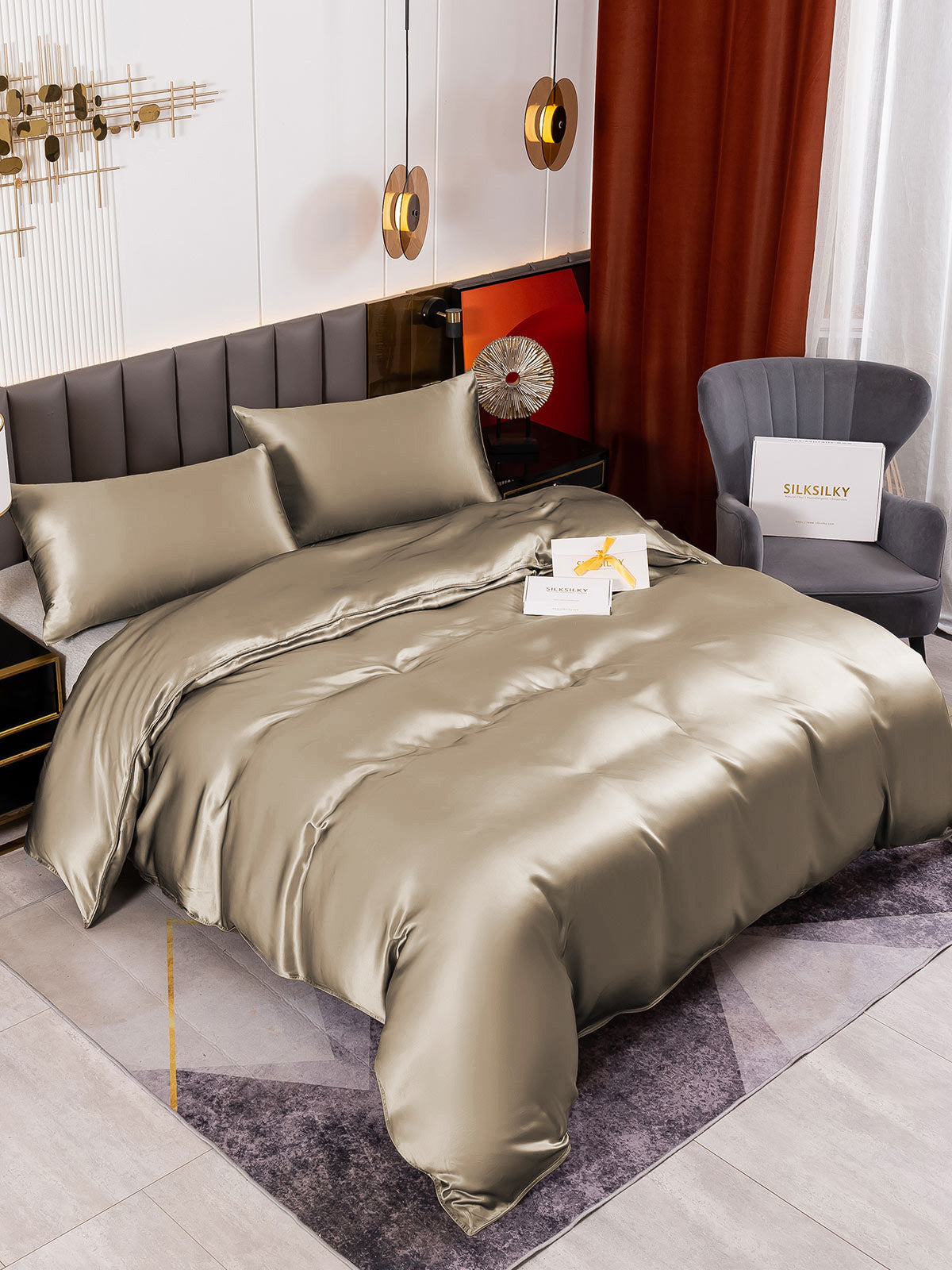 [Khaki] SilkSilky-UK 19Momme Pure Silk Bedding Set 001