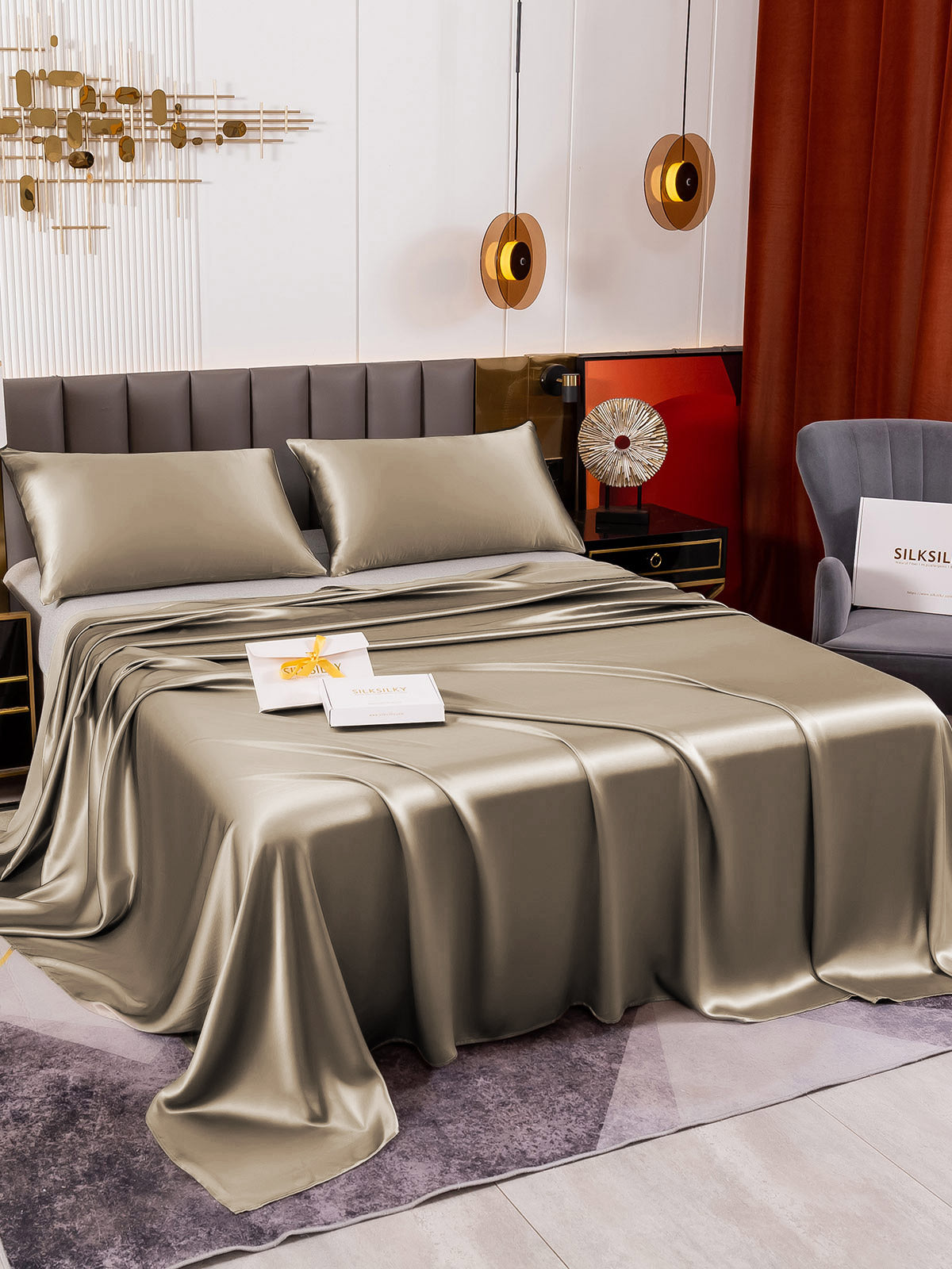 [Khaki] SilkSilky-UK 19Momme Pure Silk Bedding Set 003