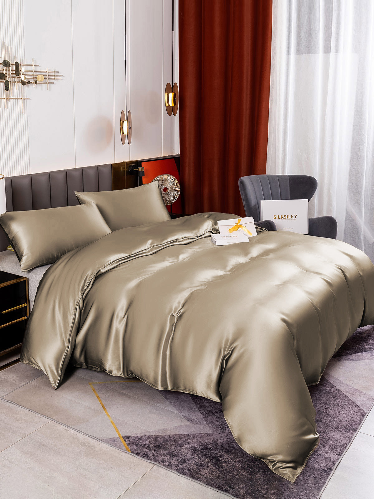 [Khaki] SilkSilky-UK 19Momme Pure Silk Bedding Set 003