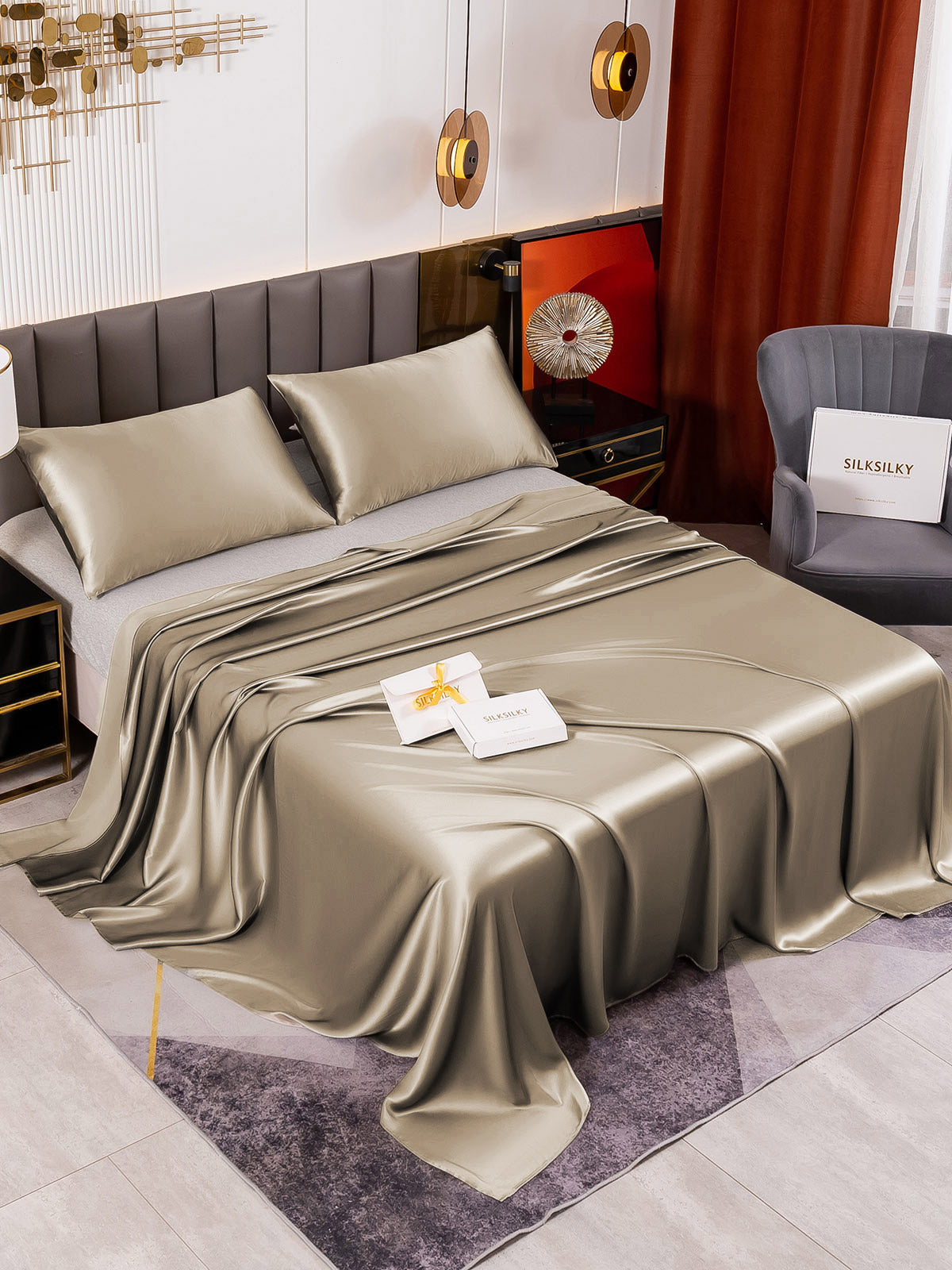 [Khaki] SilkSilky-UK 19Momme Pure Silk Sheet 001
