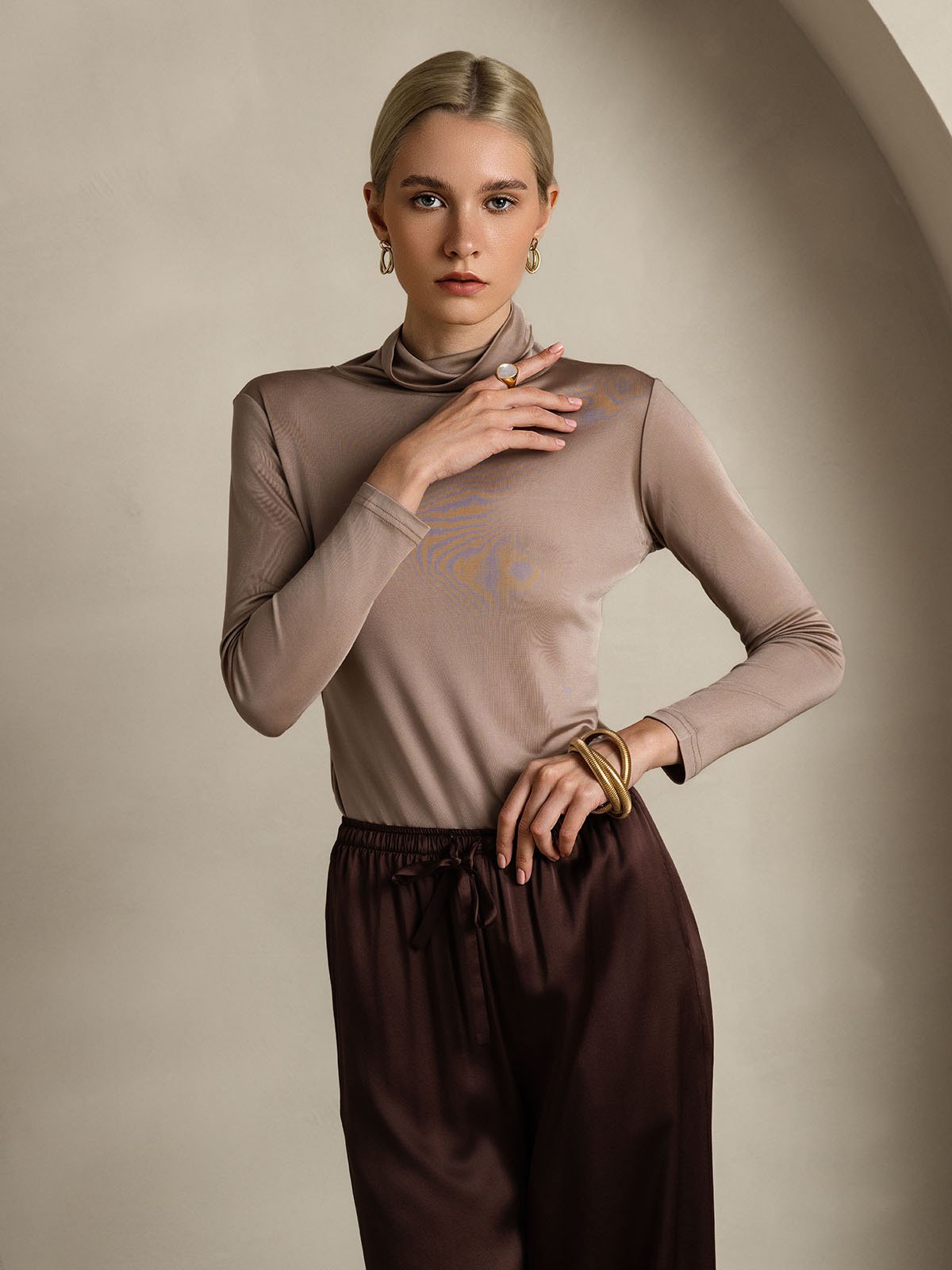 [Khaki] SilkSilky-UK Silk Long Sleeve Womens T-Shirt 005