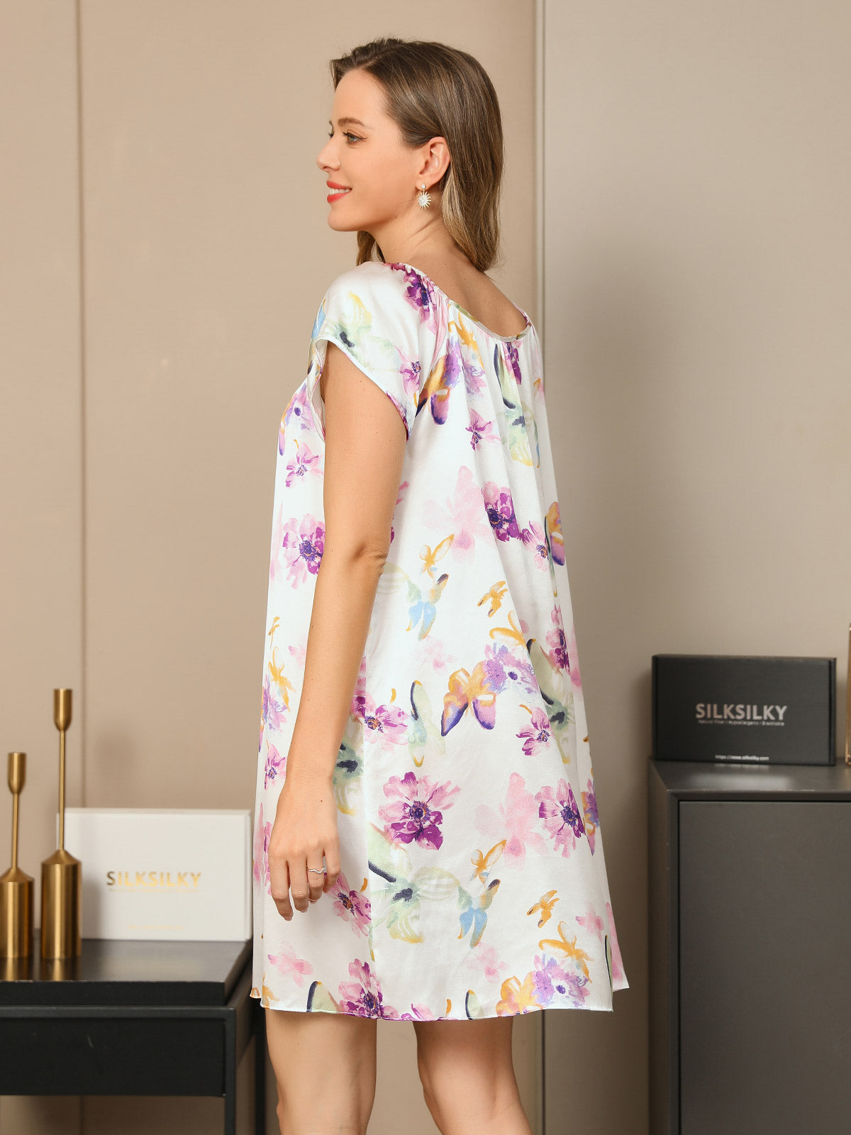 [Lavender] SilkSilky-UK Pure Silk Cap Sleeve Tie Neck Nightdress 002
