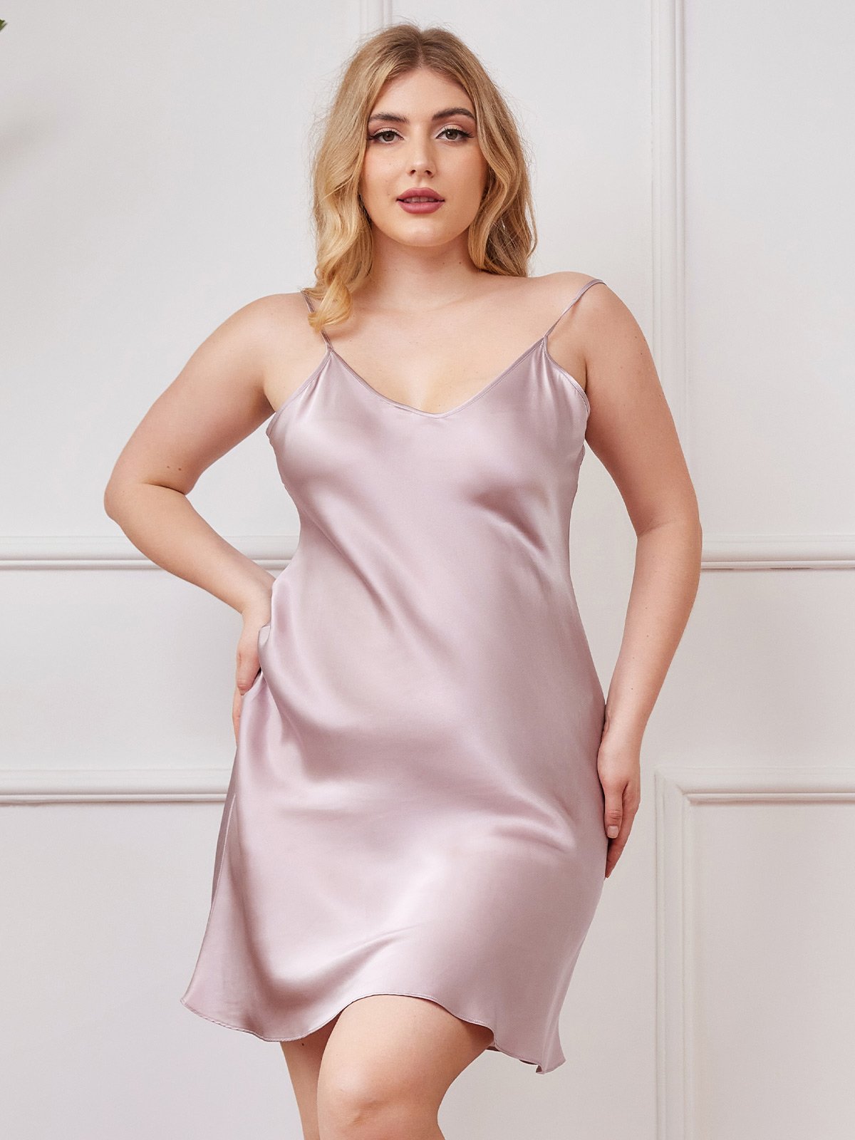 [Lavender] SilkSilky-UK Pure Silk V Neck Plus Size Dress 001