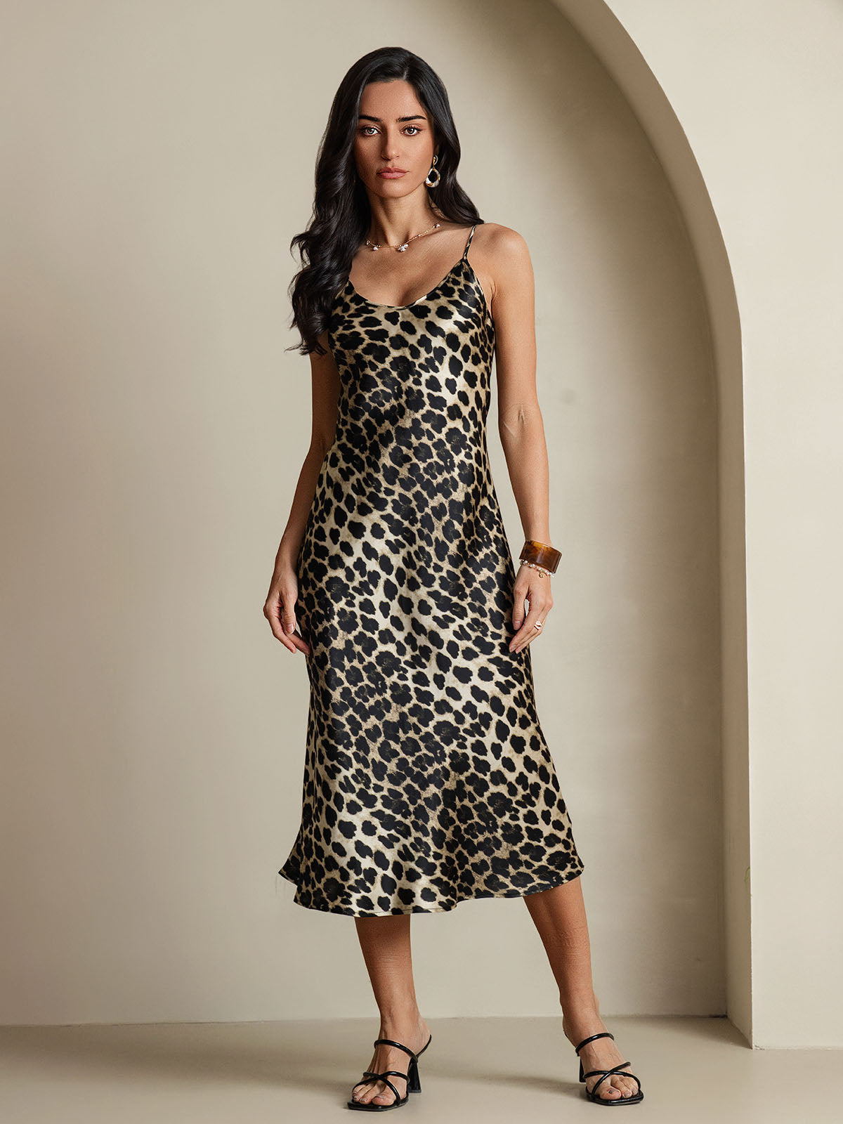 [Leopard] SilkSilky-UK Spaghetti Strap V Neck Dress 001