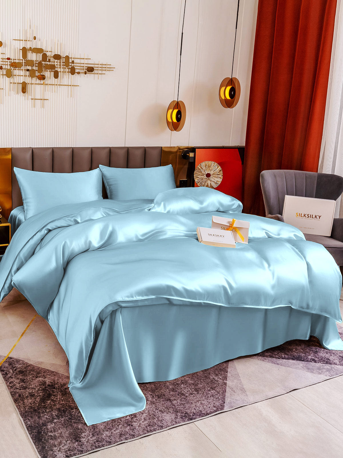 [Light Blue] SilkSilky-UK 19Momme Pure Silk Bedding Set 001
