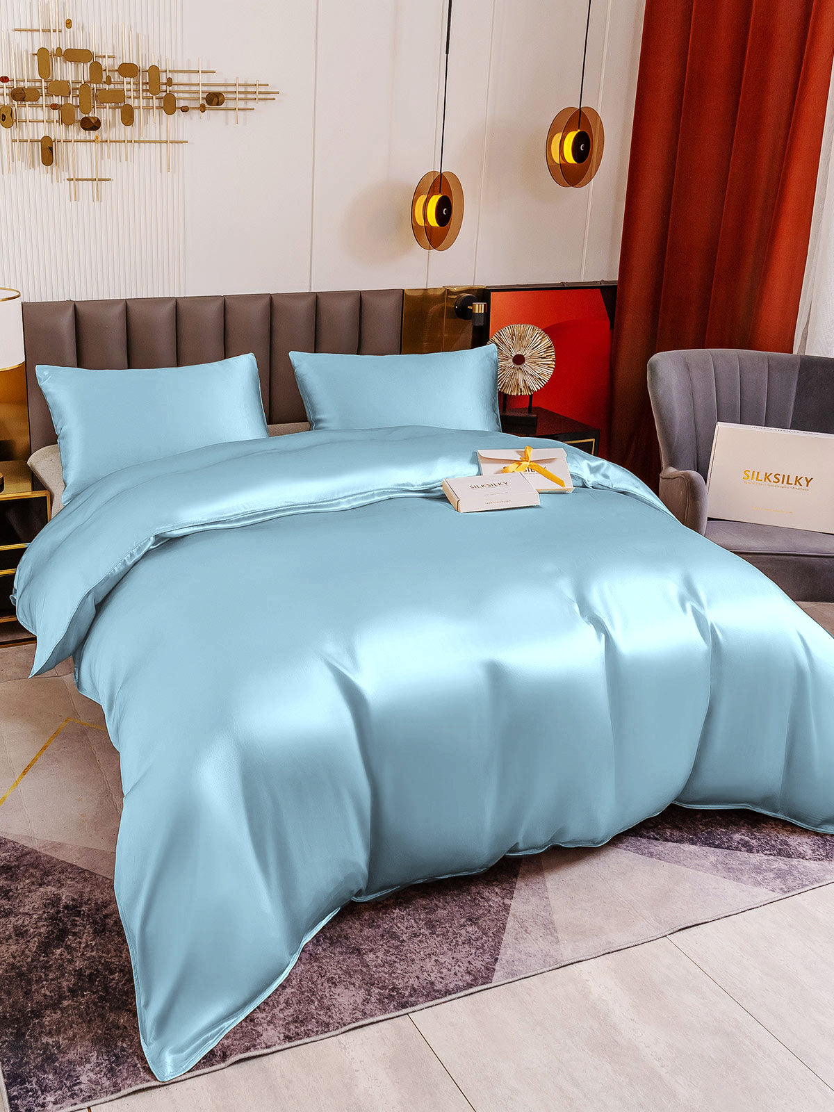 [Light Blue] SilkSilky-UK 19Momme Pure Silk Bedding Set 003