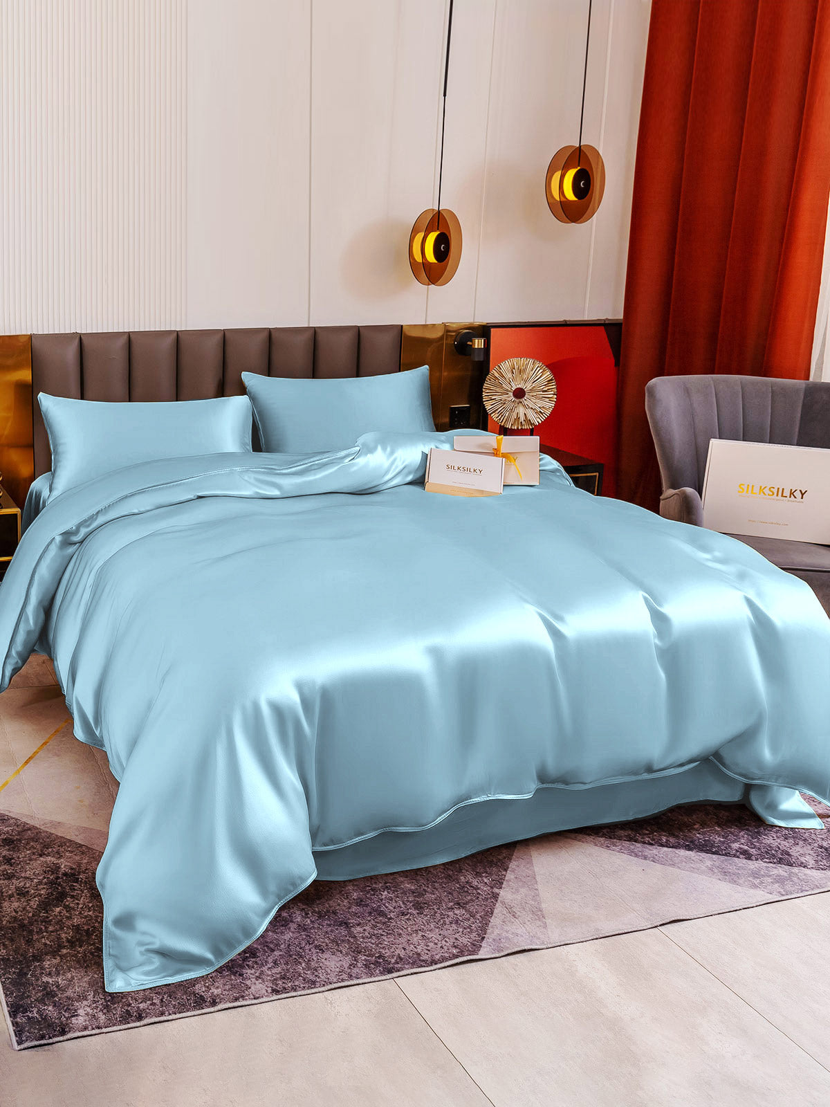 [Light Blue] SilkSilky-UK 19Momme Pure Silk Bedding Set 004
