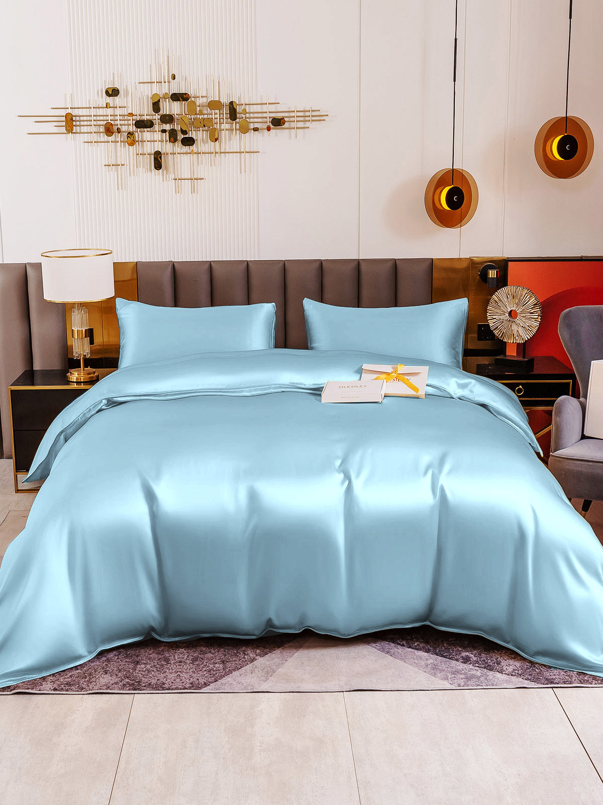 [Light Blue] SilkSilky-UK 19Momme Pure Silk Bedding Set 005