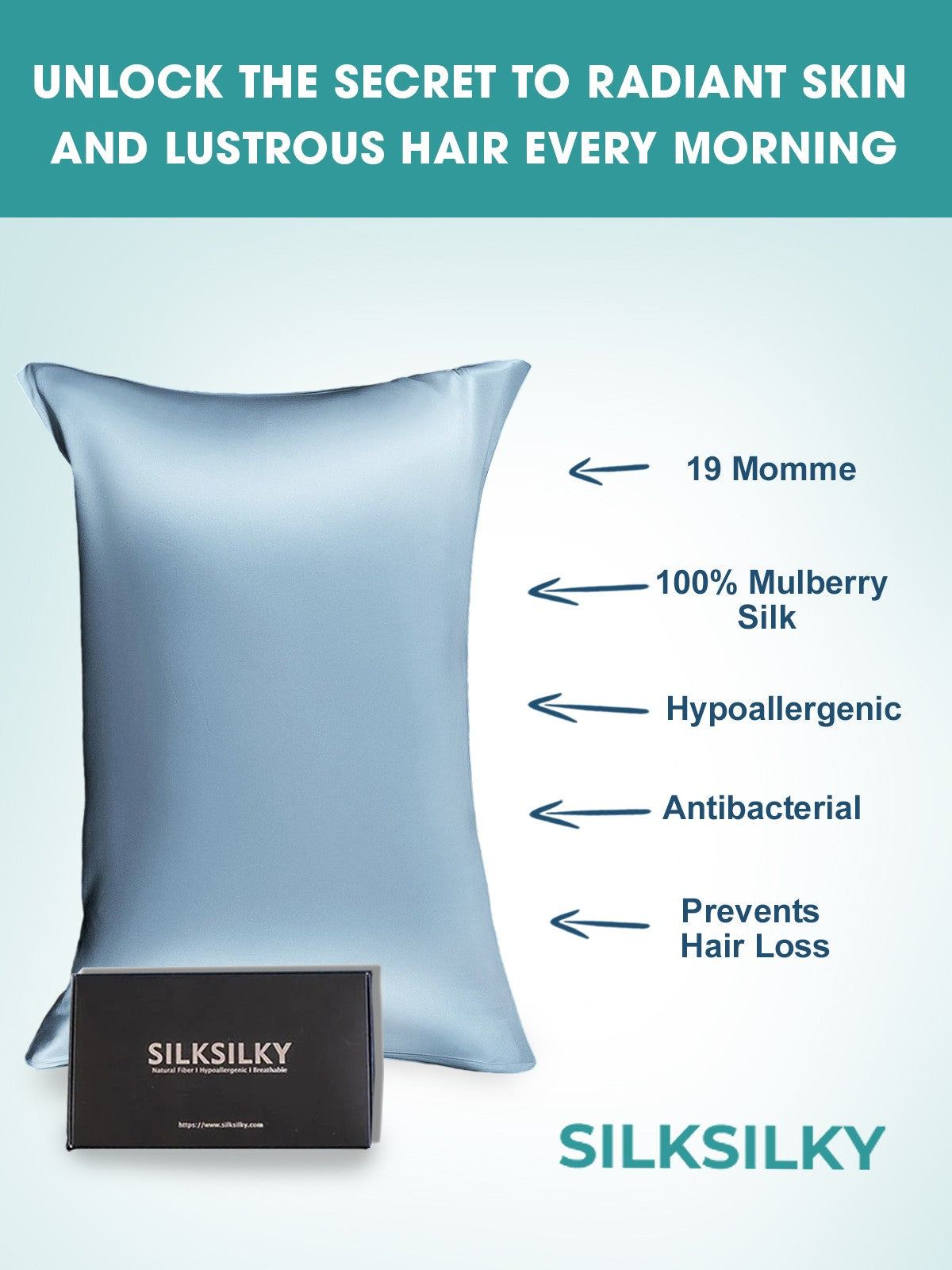 [Light Blue] SilkSilky-UK 19Momme Pure Silk Pillowcase 003