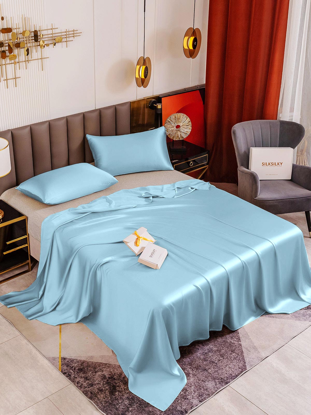 [Light Blue] SilkSilky-UK 19Momme Pure Silk Sheet 001
