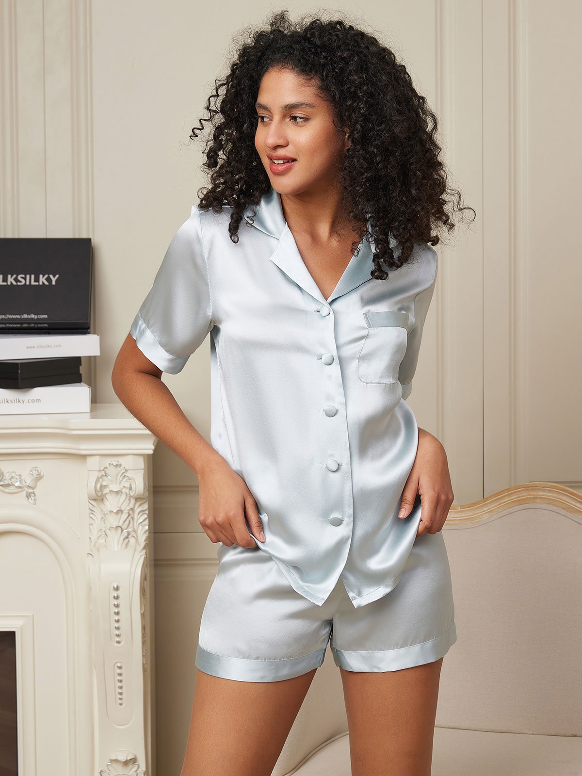 [Light Blue] SilkSilky-UK Pure Silk Short Sleeve Womens Pajamas 003