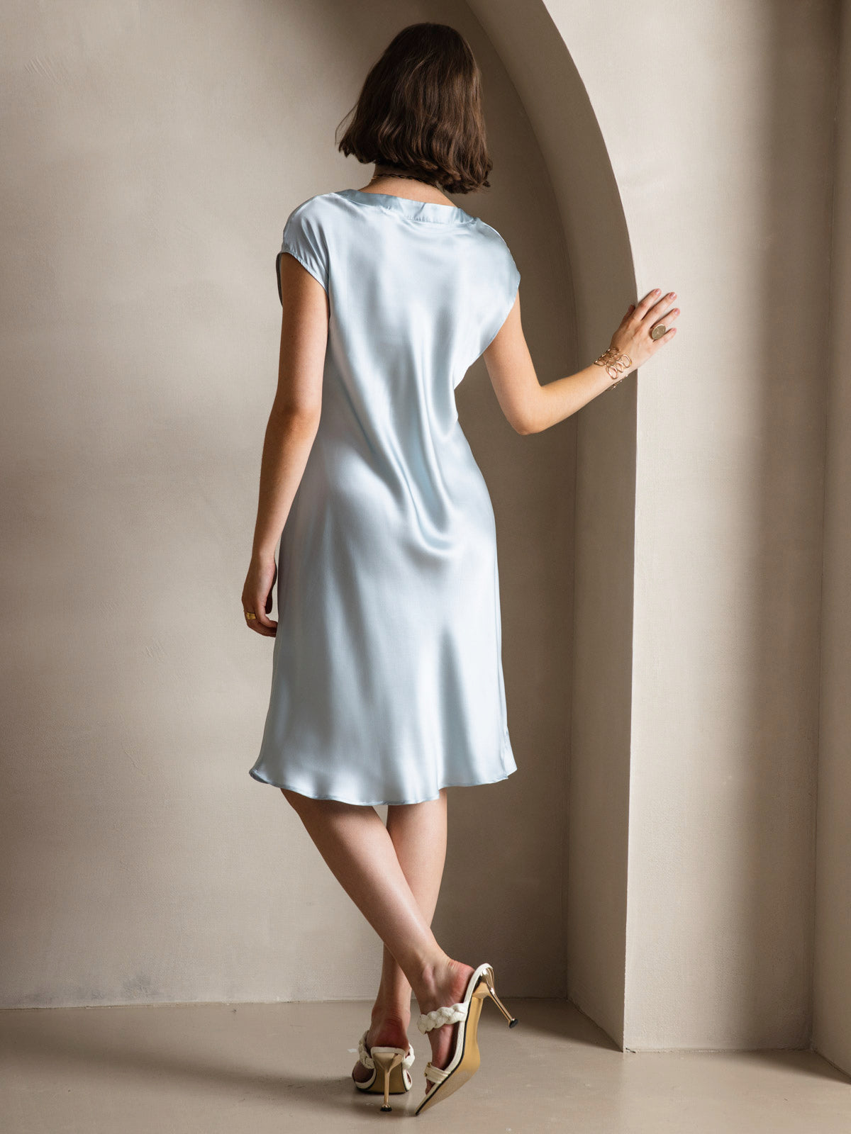 [Light Blue] SilkSilky-UK Pure Silk Sleeveless V Neck Dress 002