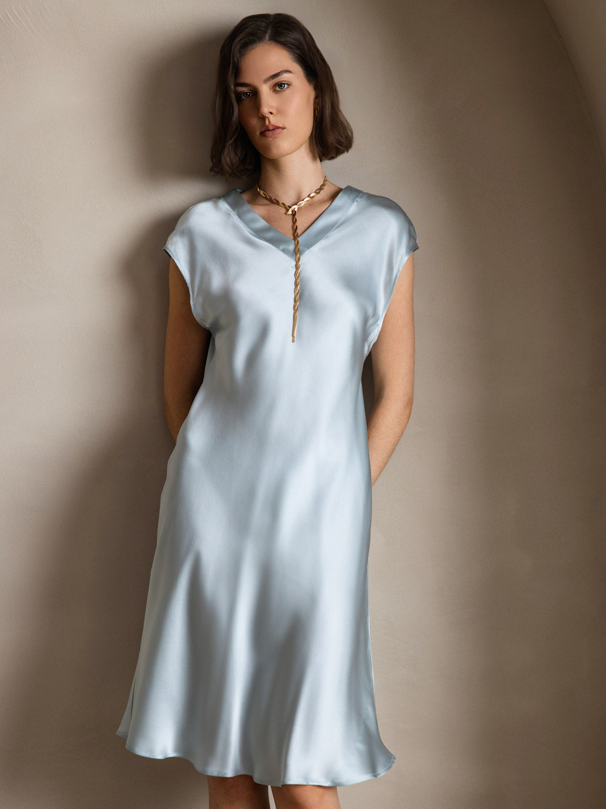 [Light Blue] SilkSilky-UK Pure Silk Sleeveless V Neck Dress 003