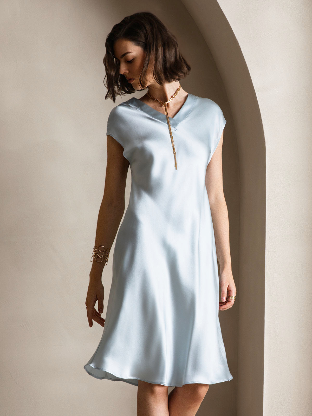 [Light Blue] SilkSilky-UK Pure Silk Sleeveless V Neck Dress 004