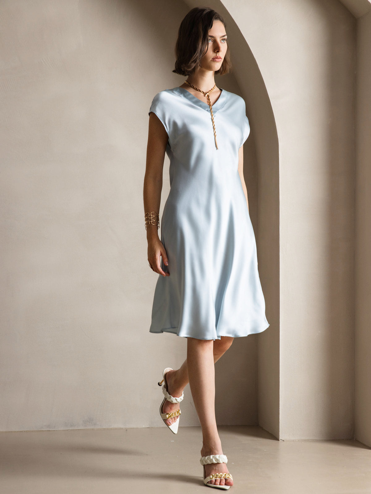 [Light Blue] SilkSilky-UK Pure Silk Sleeveless V Neck Dress 006