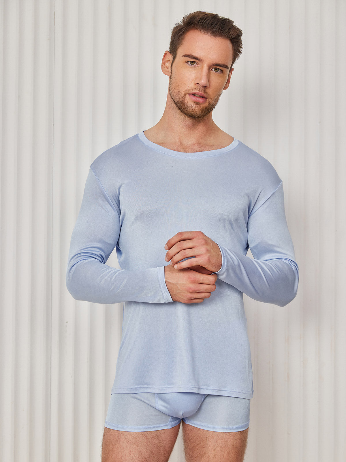 [Light Blue] SilkSilky-UK Silk Knitted Long Sleeve Round Neck Men's T-Shirt 004