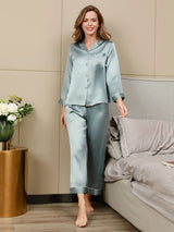 [Light Blue] SilkSilky-UK Long Sleeve Lapel Collar Women's Pyjamas 001