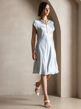 [Light Blue] SilkSilky-UK Cap Sleeve V Neck Dress 006