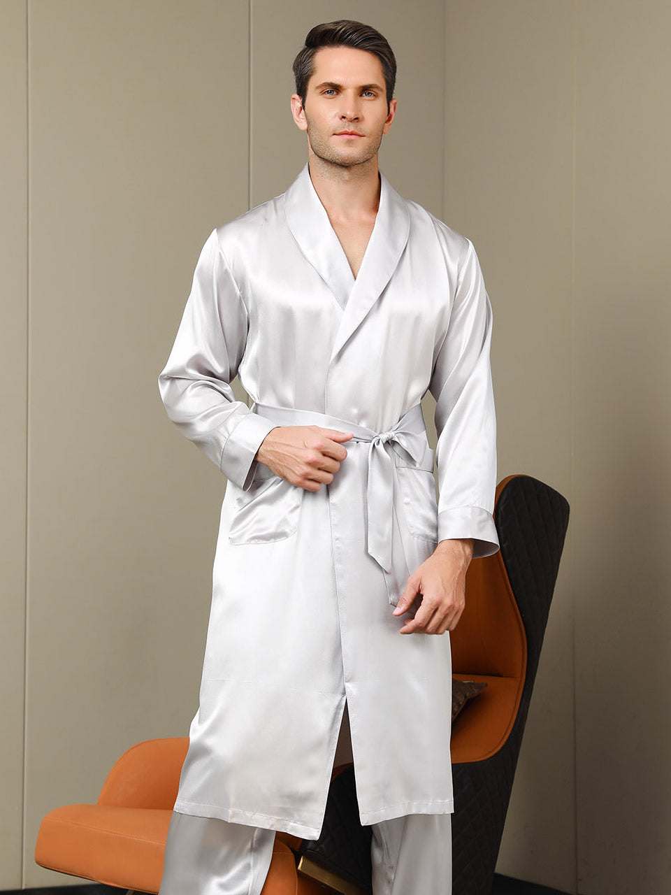 [Light Gray] SilkSilky-UK 19Momme Pure Silk Long Sleeve Lapel Men's Dressing Gown 001