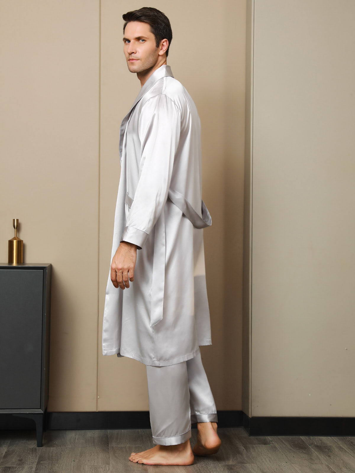 [Light Gray] SilkSilky-UK 19Momme Pure Silk Long Sleeve Lapel Men's Dressing Gown 002