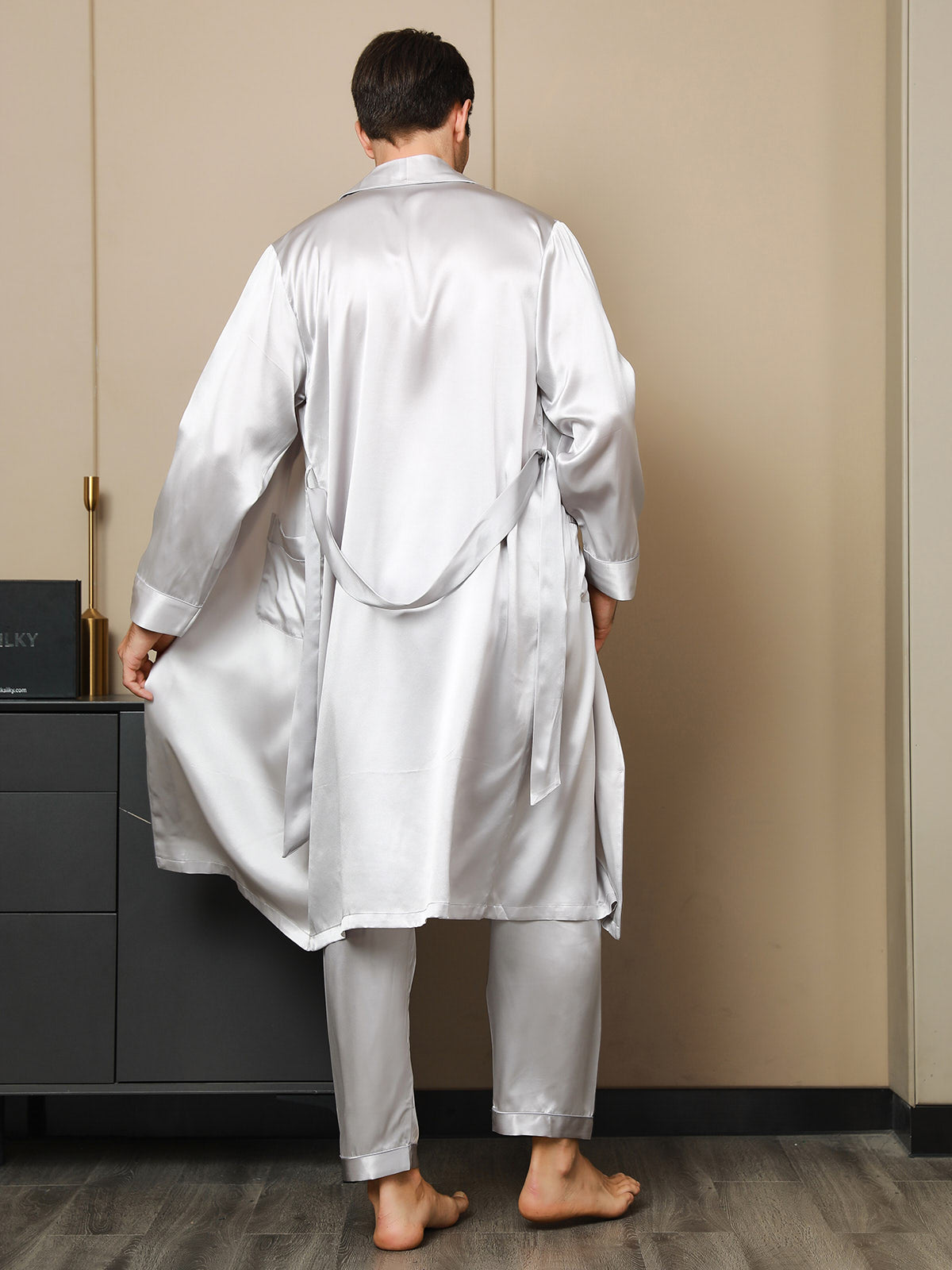 [Light Gray] SilkSilky-UK 19Momme Pure Silk Long Sleeve Lapel Men's Dressing Gown 003