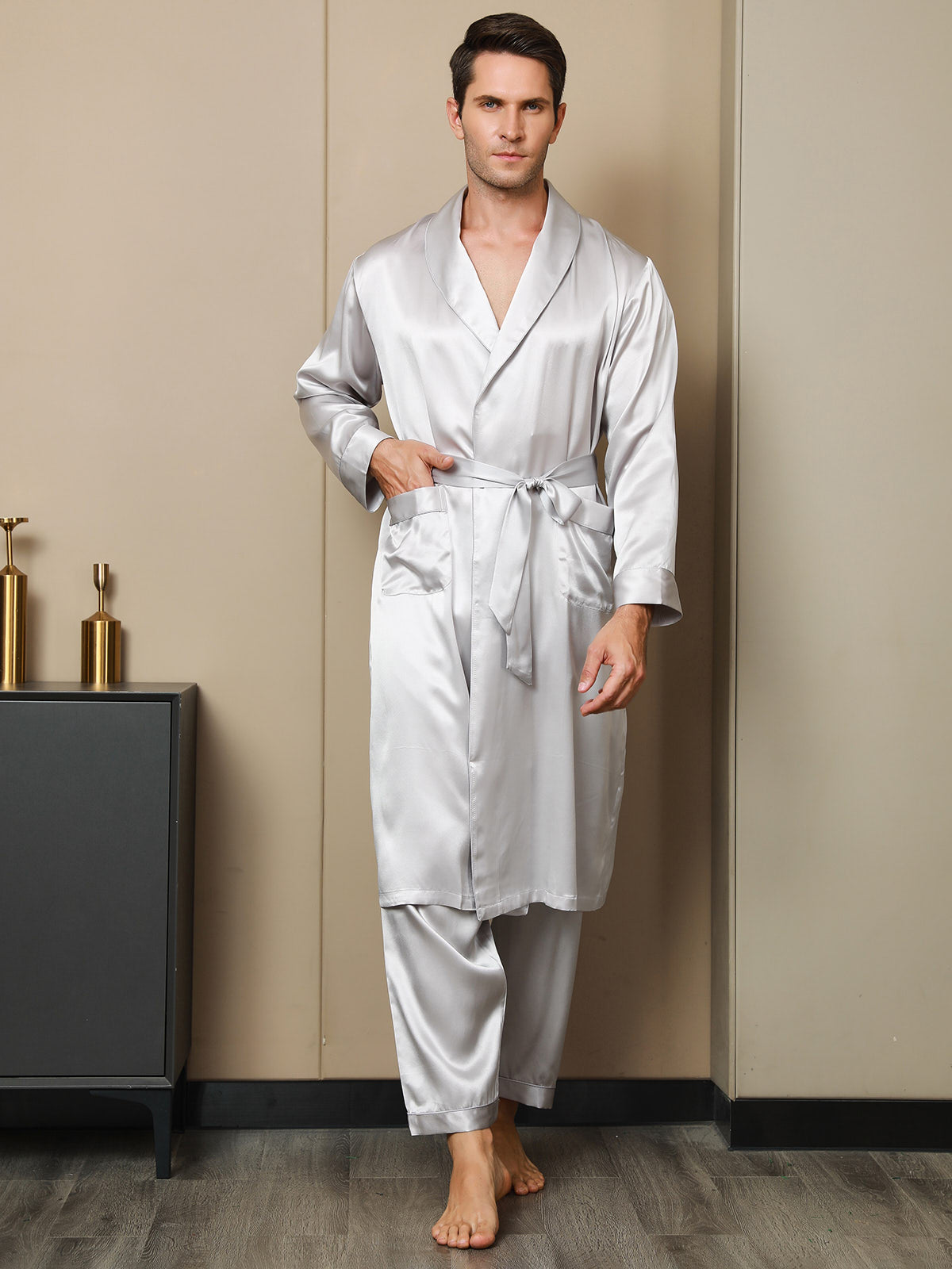 [Light Gray] SilkSilky-UK 19Momme Pure Silk Long Sleeve Lapel Men's Dressing Gown 006