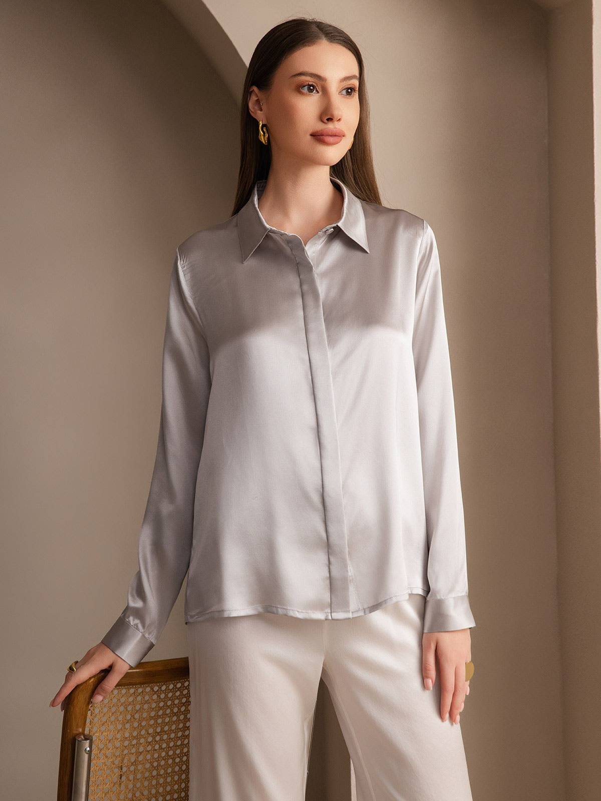 [Light Gray] SilkSilky-UK 19Momme Silk Collar Women's Shirt 001