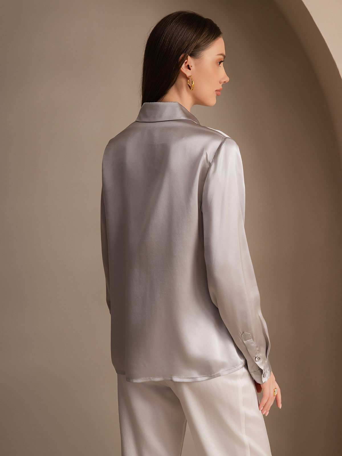 [Light Gray] SilkSilky-UK 19Momme Silk Collar Women's Shirt 002