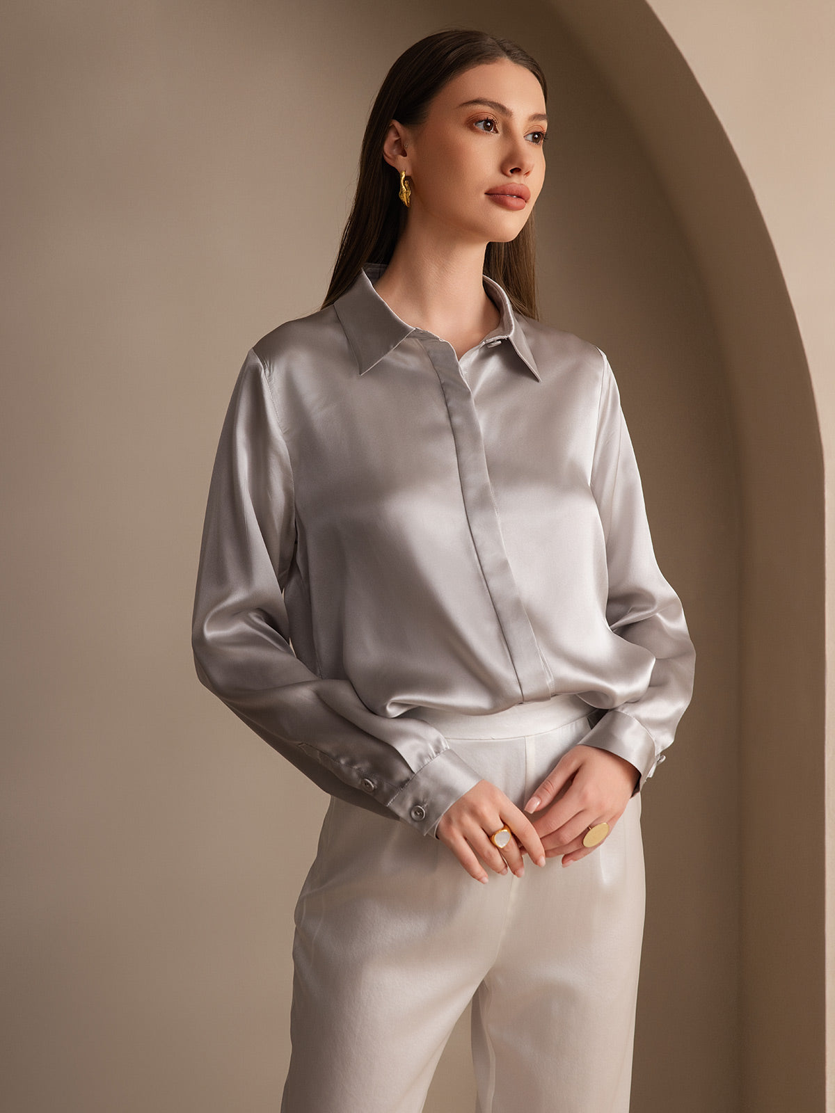 [Light Gray] SilkSilky-UK 19Momme Silk Collar Women's Shirt 004
