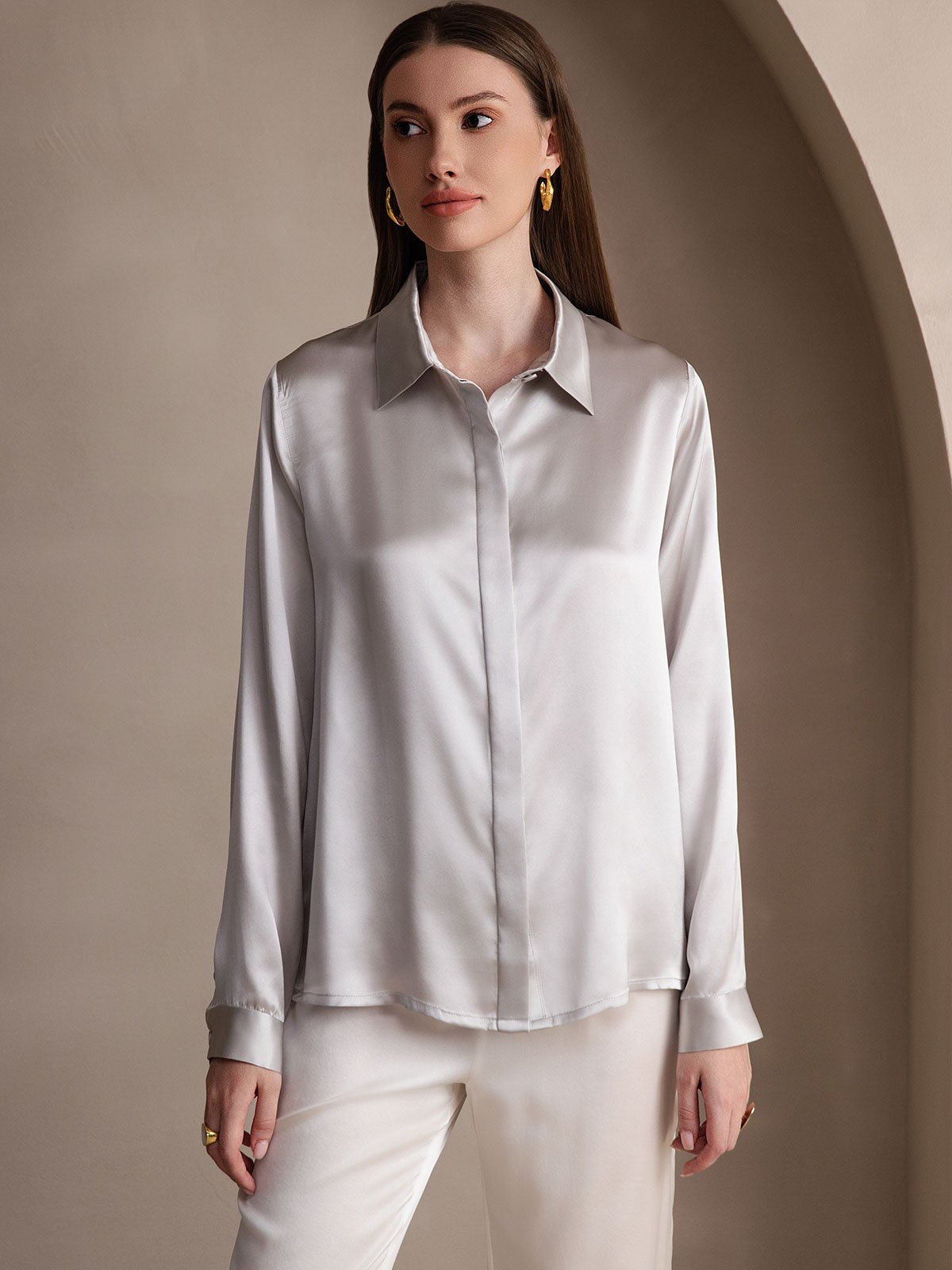 [Light Gray] SilkSilky-UK 19Momme Silk Collar Women's Shirt 005