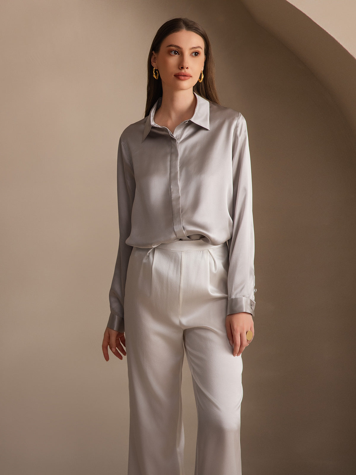 [Light Gray] SilkSilky-UK 19Momme Silk Collar Women's Shirt 006