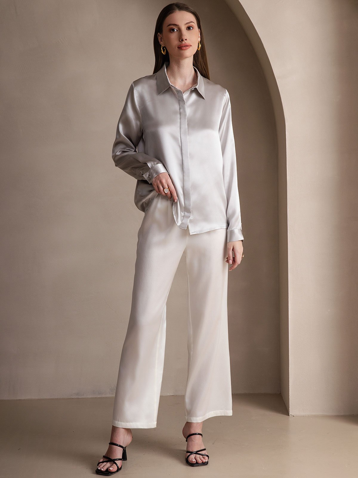 [Light Gray] SilkSilky-UK 19Momme Silk Collar Women's Shirt 006
