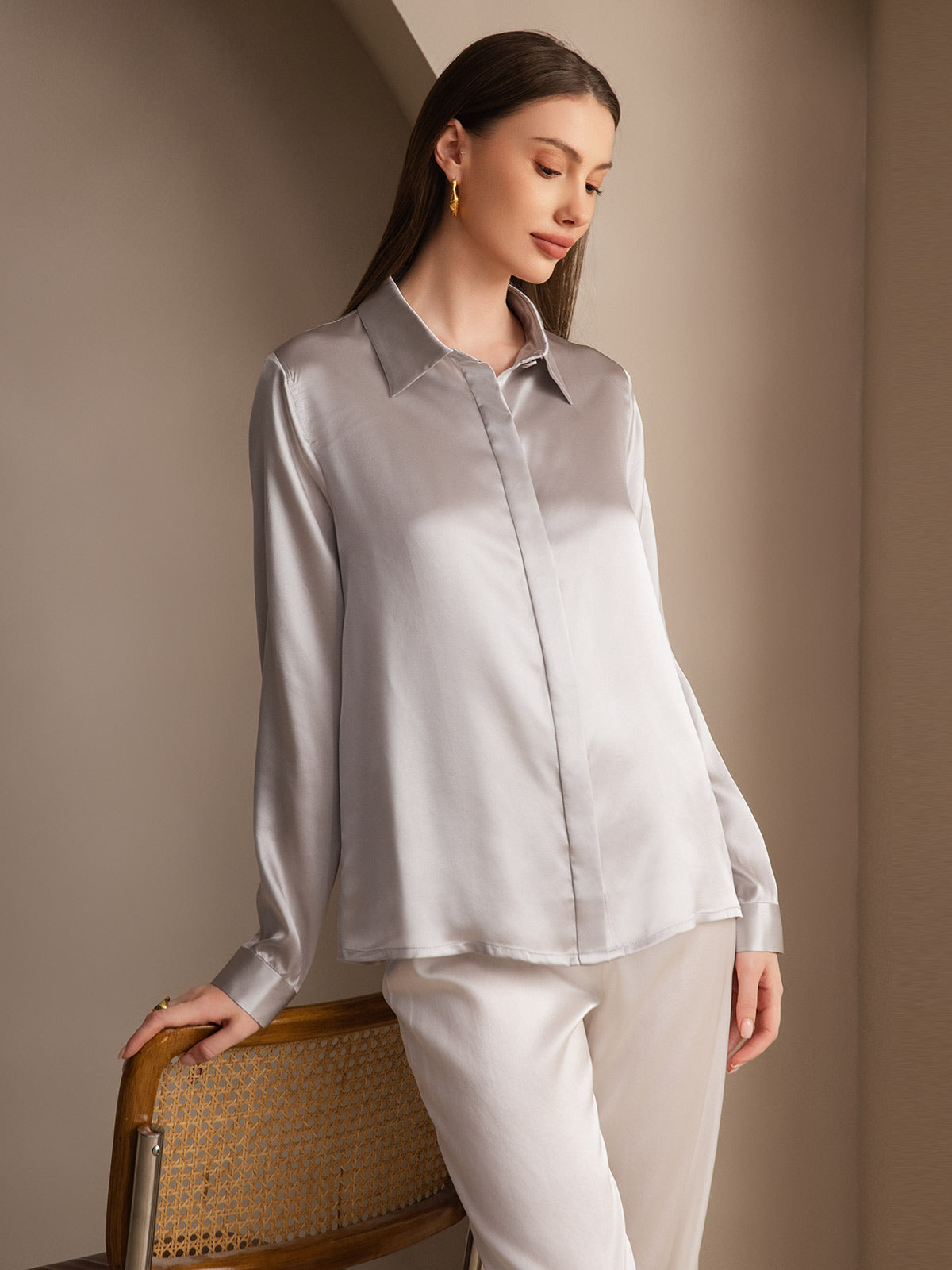 [Light Gray] SilkSilky-UK 19Momme Silk Collar Women's Shirt 007