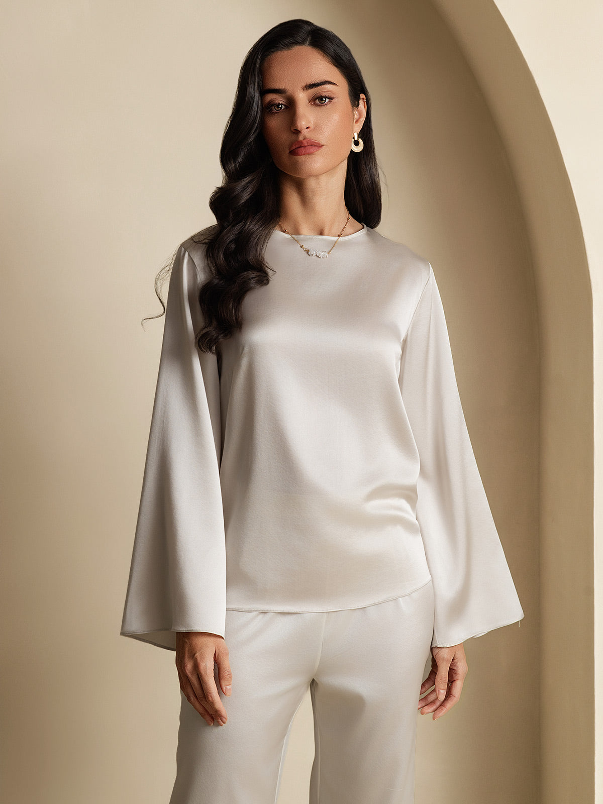 [Light Gray] SilkSilky-UK 19Momme Silk Long Sleeve Round Neck Women's T-Shirt 003