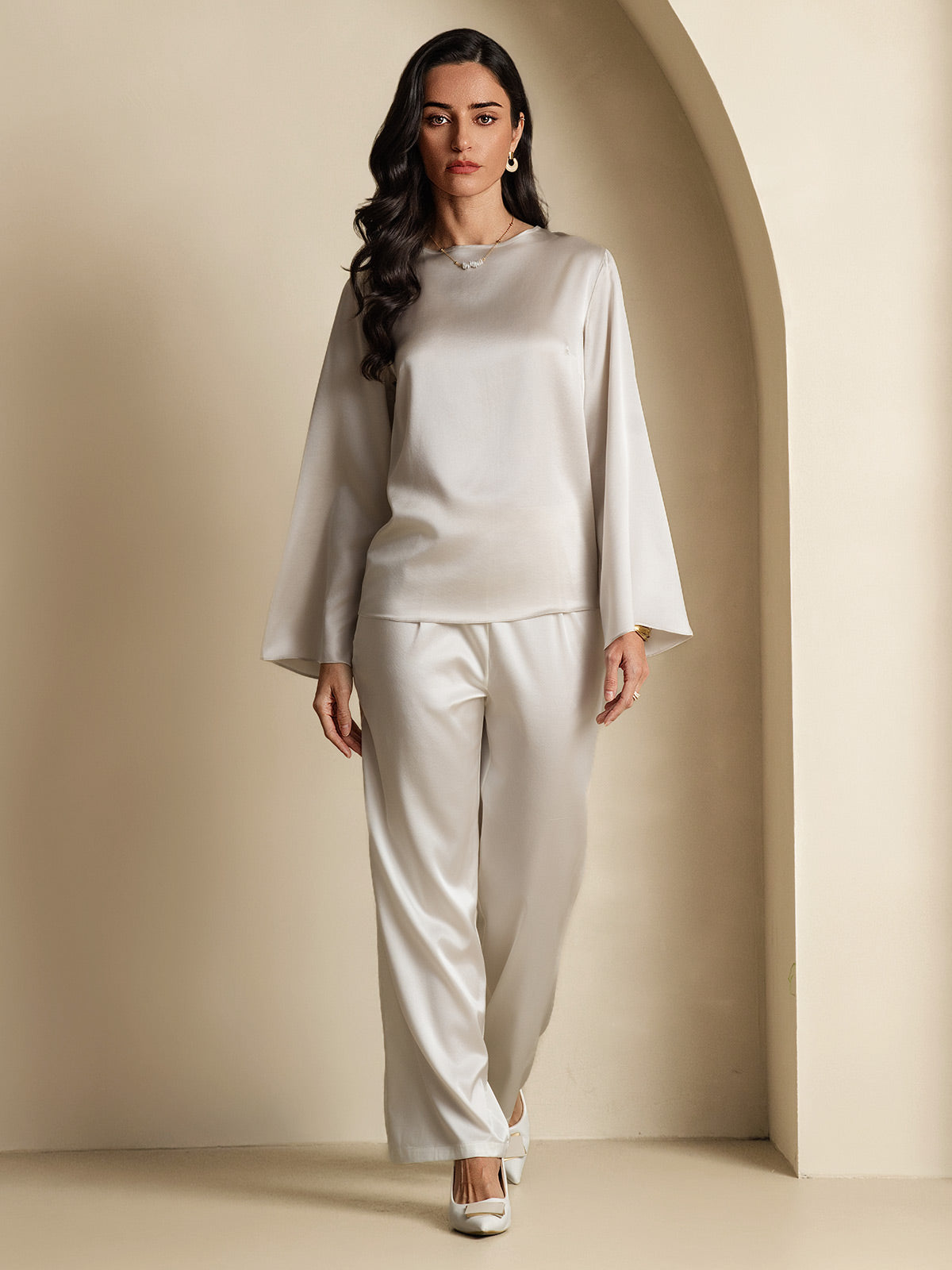 [Light Gray] SilkSilky-UK 19Momme Silk Long Sleeve Round Neck Women's T-Shirt 006
