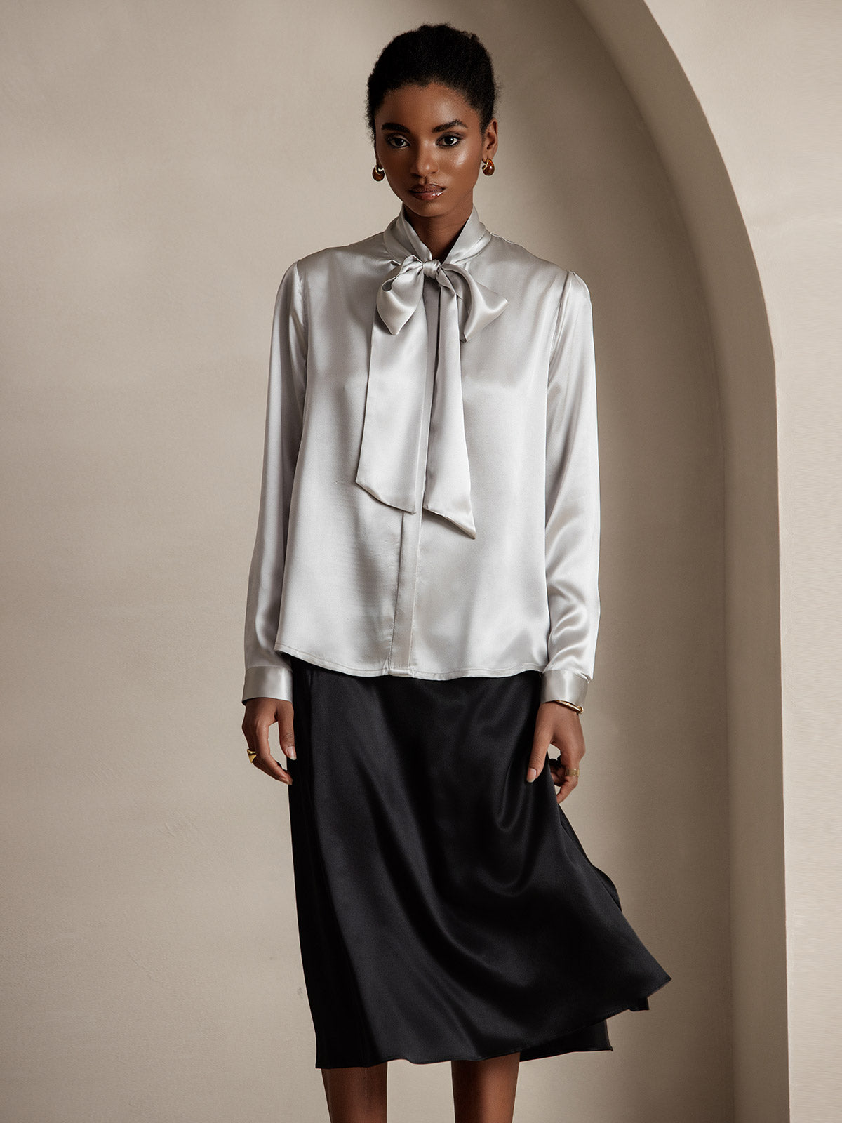 [Light Gray] SilkSilky-UK 19Momme Silk Long Sleeve Tie Neck Women's Shirt 001