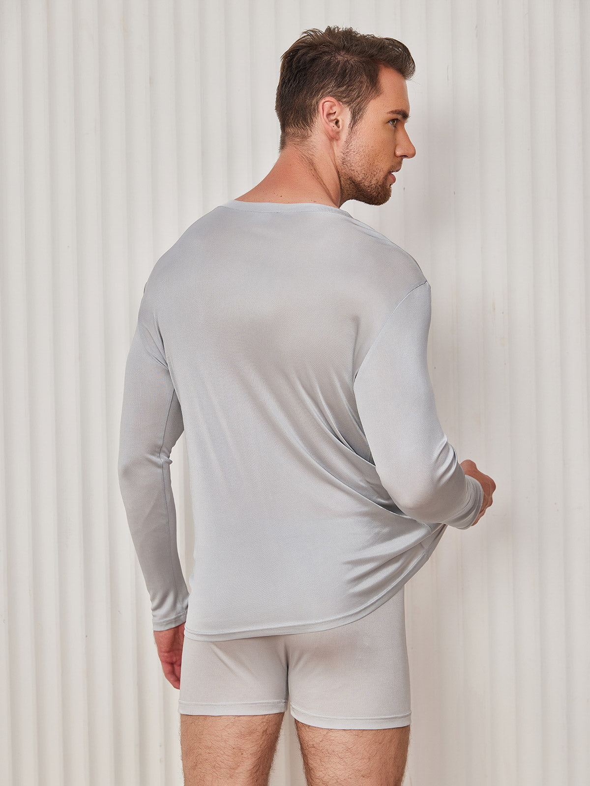 [Light Gray] SilkSilky-UK Silk Knitted Long Sleeve V Neck Men's T-Shirt 002
